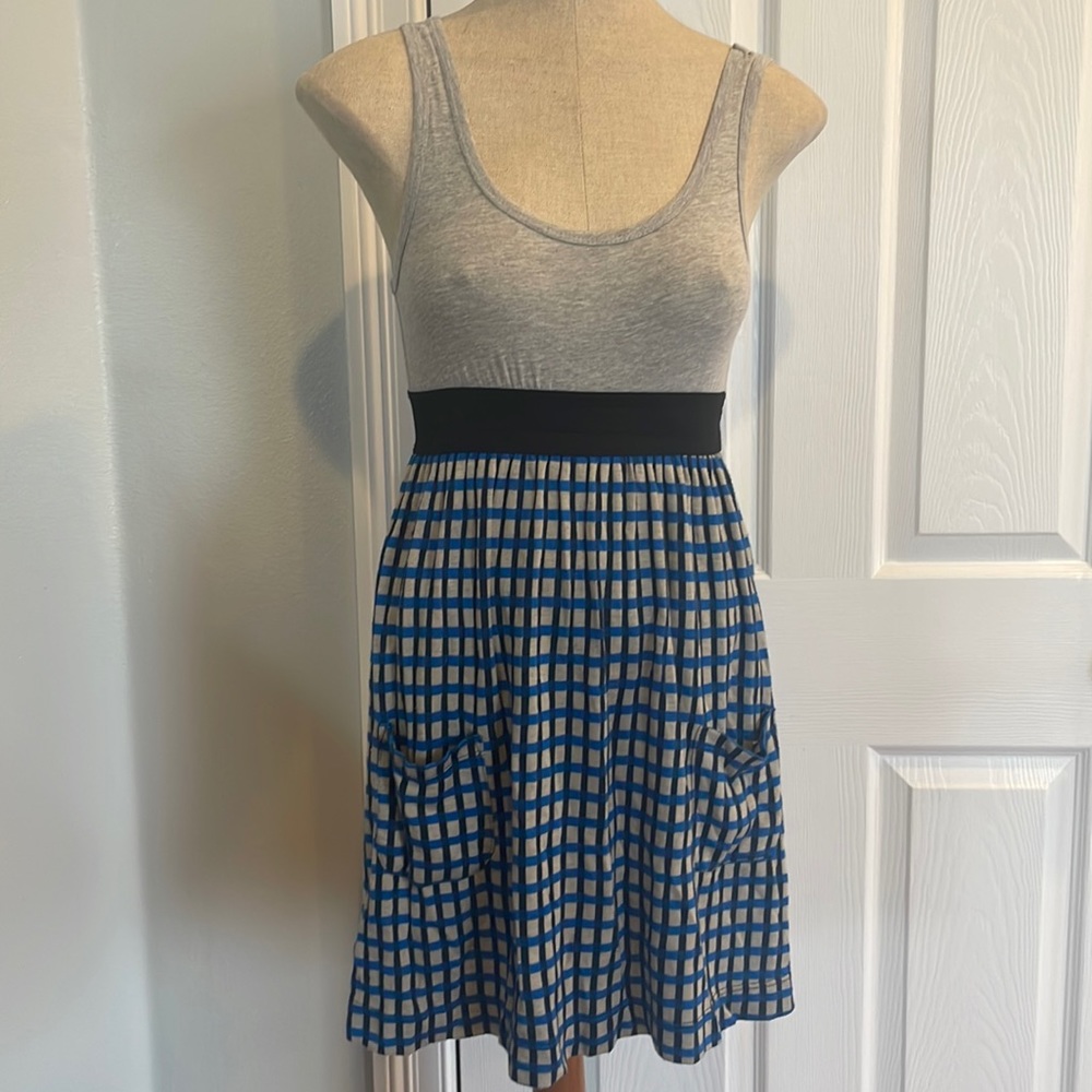Twnntyone Dress mini blue black gray plaid Sleeveless womens size M rayon cotton